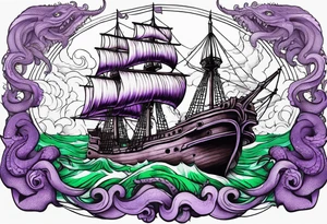 Purple and green kraken breaking brown ship tattoo idea