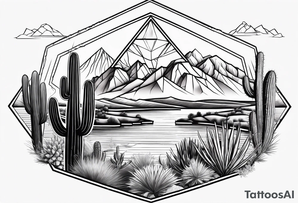 Arizona desert with lakes and mountains over cactus all in the shape of a diamond tattoo idea