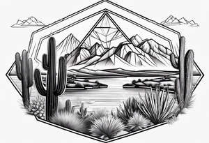 Arizona desert with lakes and mountains over cactus all in the shape of a diamond tattoo idea