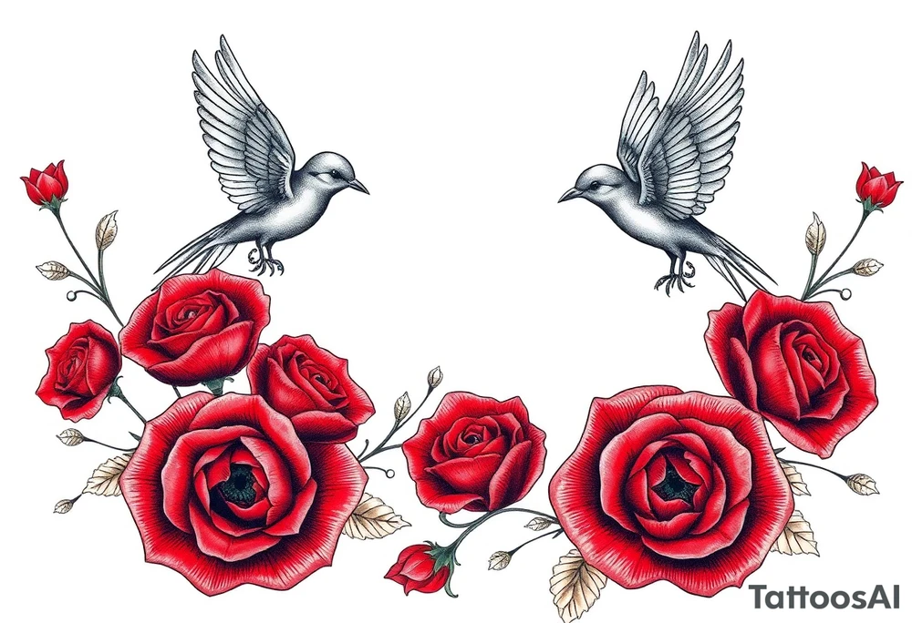 Vintage lace, red roses, red birds tattoo idea