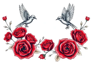 Vintage lace, red roses, red birds tattoo idea