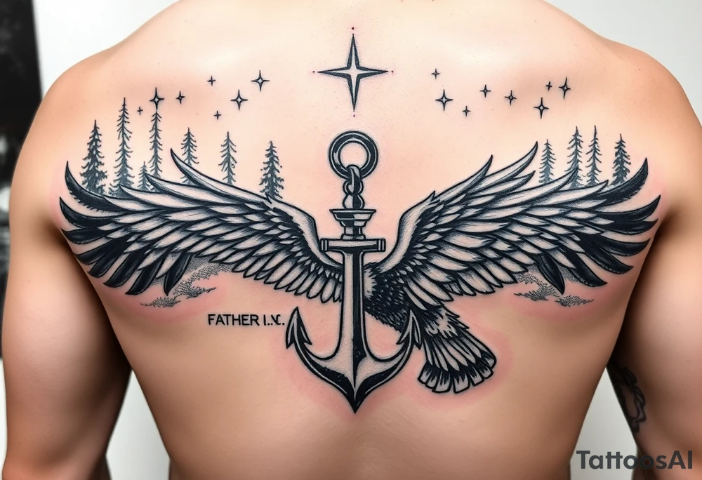 Father time and the Keeper of the stars with a Forest backround, a hidden anchor, and 
Canadian Air force eagle tattoo idea