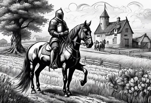 a knight with an old farm in the background with horses in the netherlands tattoo idea