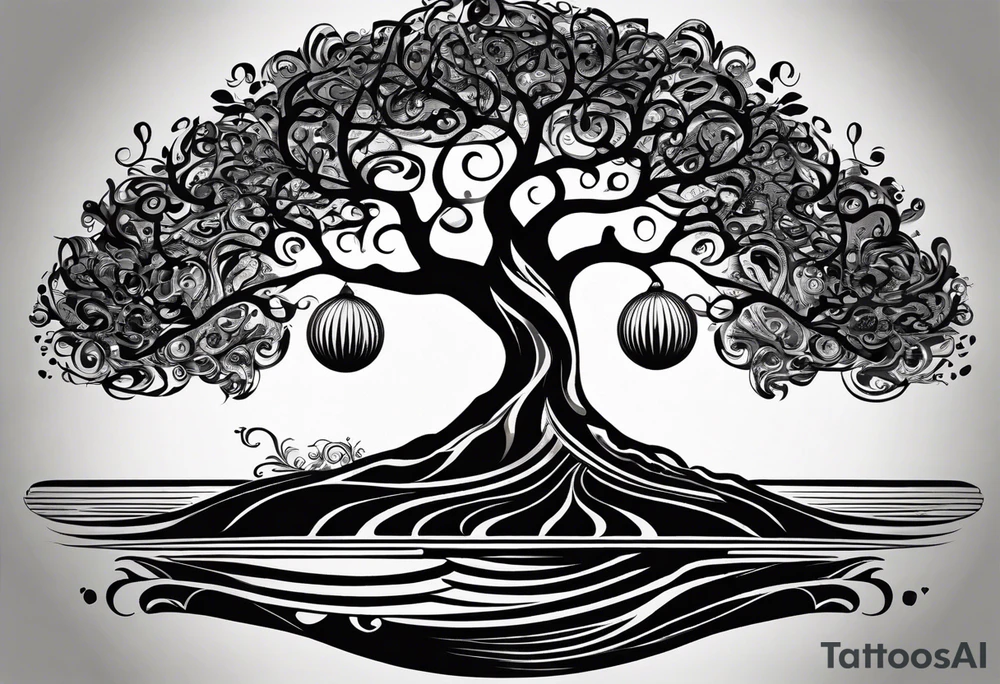 A tattoo design that incorporates the following elements: an abstract tree of life that has roots emerging  from the ground. Waves of water encapsulate the tree and wind around it in an organic way.  Incorporate music.   the letters U and A are overlapping and engraved into the tree. a golf ball incorporated but not prominent. tattoo idea