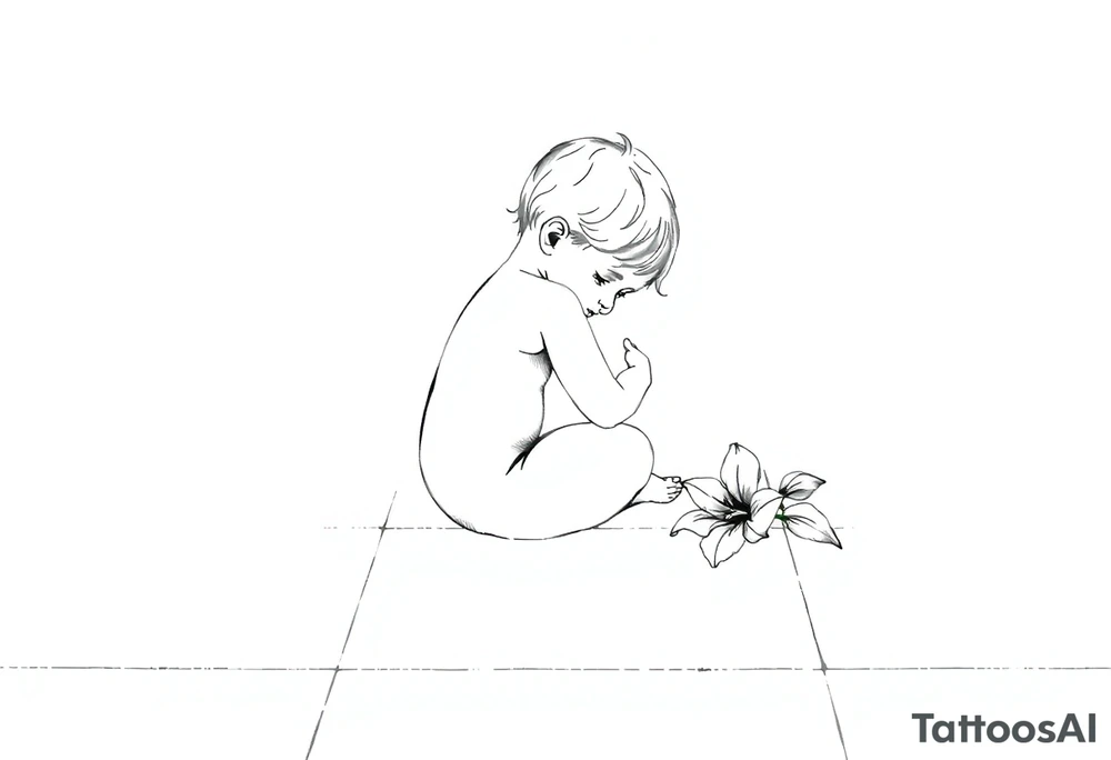 A simple tile floor with a minimalist outline of a curled up child sitting on the floor with a lily next to her tattoo idea
