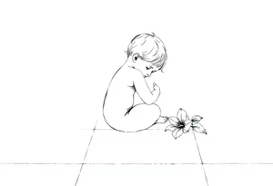 A simple tile floor with a minimalist outline of a curled up child sitting on the floor with a lily next to her tattoo idea