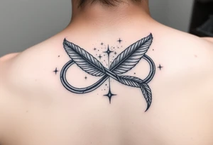 infinity symbol woven with floating feathers and stardust tattoo idea