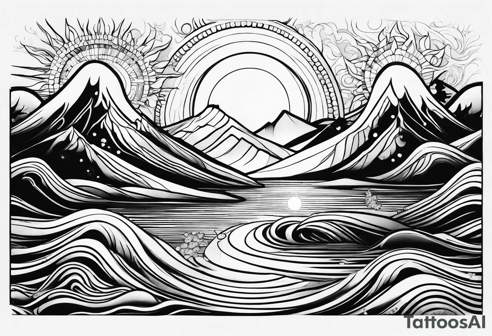 Line art sun mountain water tattoo idea