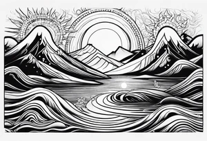 Line art sun mountain water tattoo idea