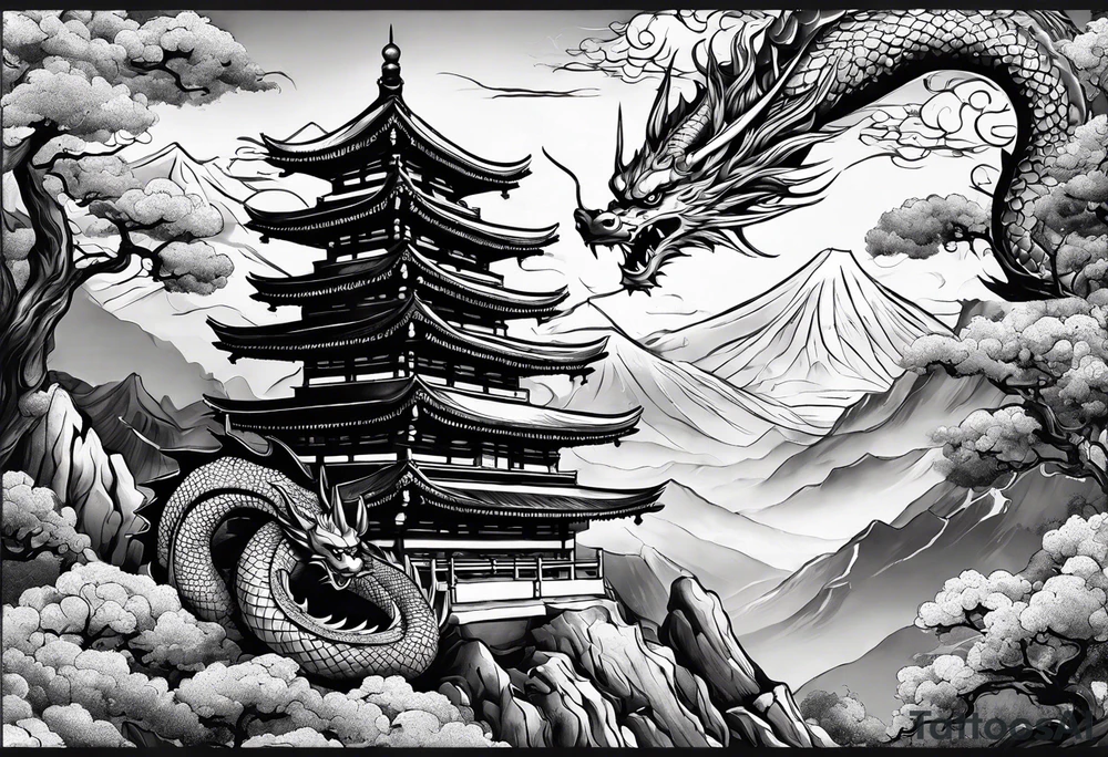 beautiful warrior fairy and a dragon and the background will be mountains, clouds, and a Japanese building tattoo idea