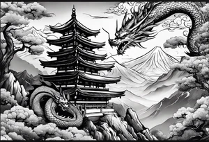 beautiful warrior fairy and a dragon and the background will be mountains, clouds, and a Japanese building tattoo idea