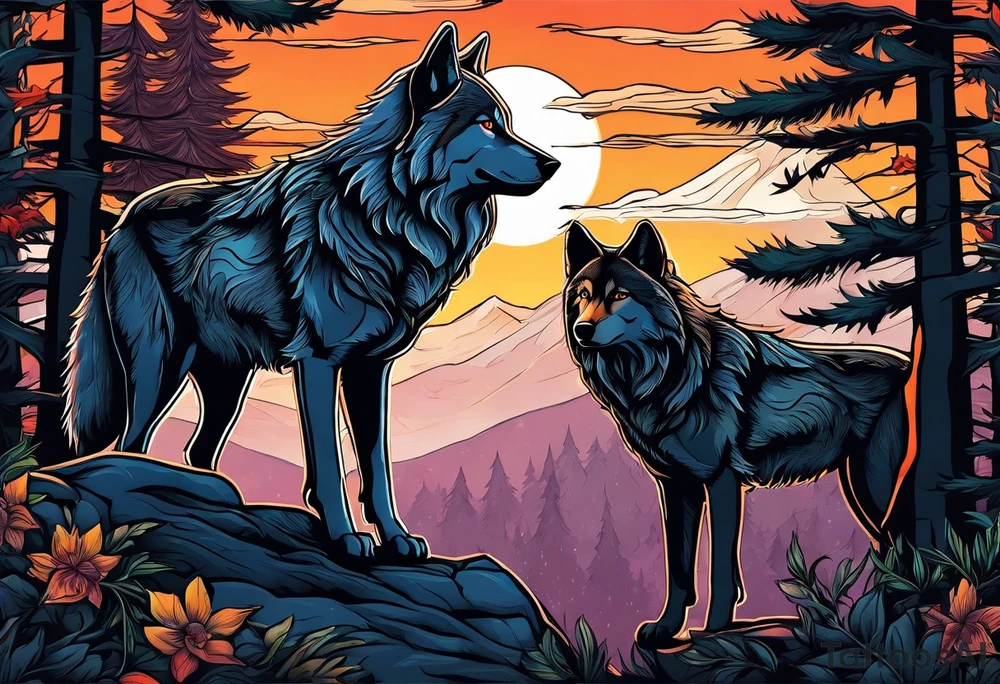 Wolves spouses
Dark woods
Mountains
Sunset tattoo idea