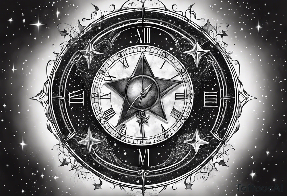 Matter, energy, space, time with an old stone theta symbol and a star-filled night in the background with a Scorpio constellation tattoo idea