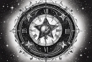 Matter, energy, space, time with an old stone theta symbol and a star-filled night in the background with a Scorpio constellation tattoo idea
