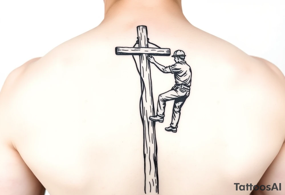 power lineman climbing a wooden 12kv pole. Make the pole a cross that has a hidden resemblance to god tattoo idea