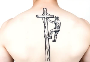 power lineman climbing a wooden 12kv pole. Make the pole a cross that has a hidden resemblance to god tattoo idea
