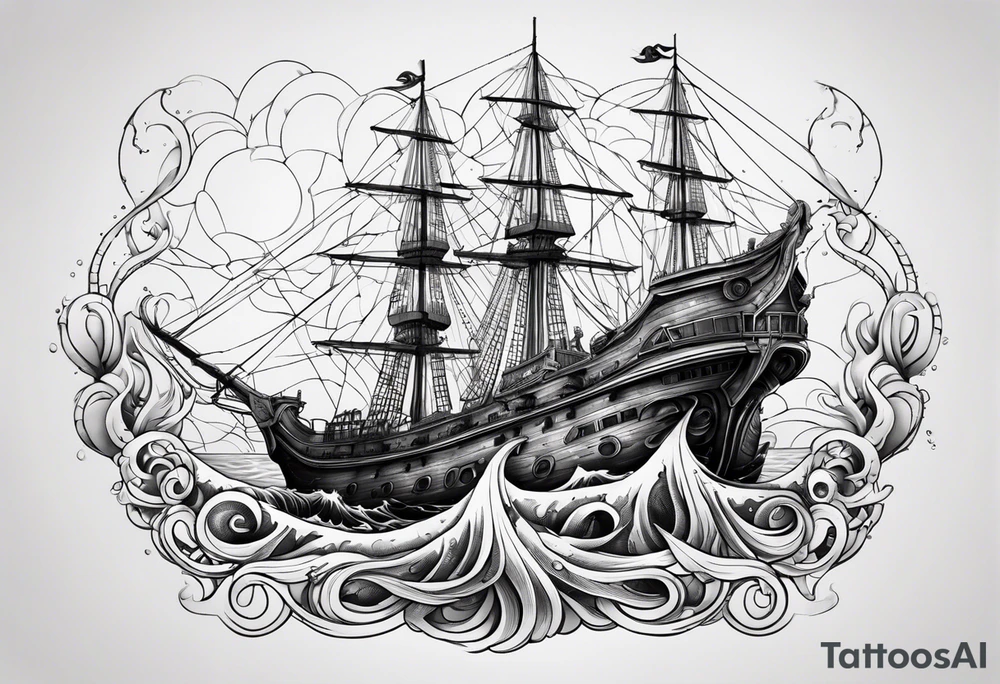 Pulpo gigante destruyendo un barco desde debajo del agua tattoo idea