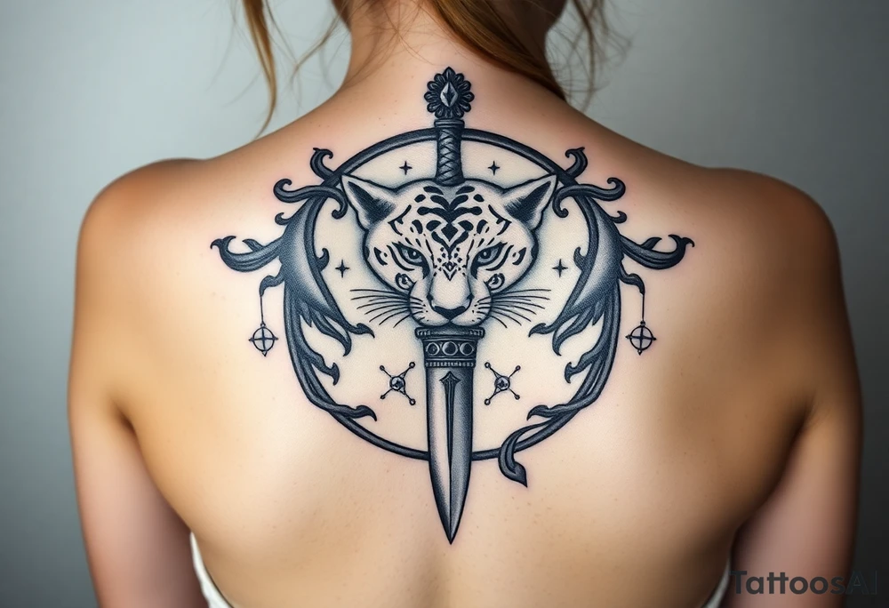 mystical panther around an ancient dagger with jeweled hilt tattoo idea