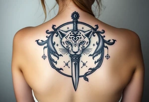 mystical panther around an ancient dagger with jeweled hilt tattoo idea