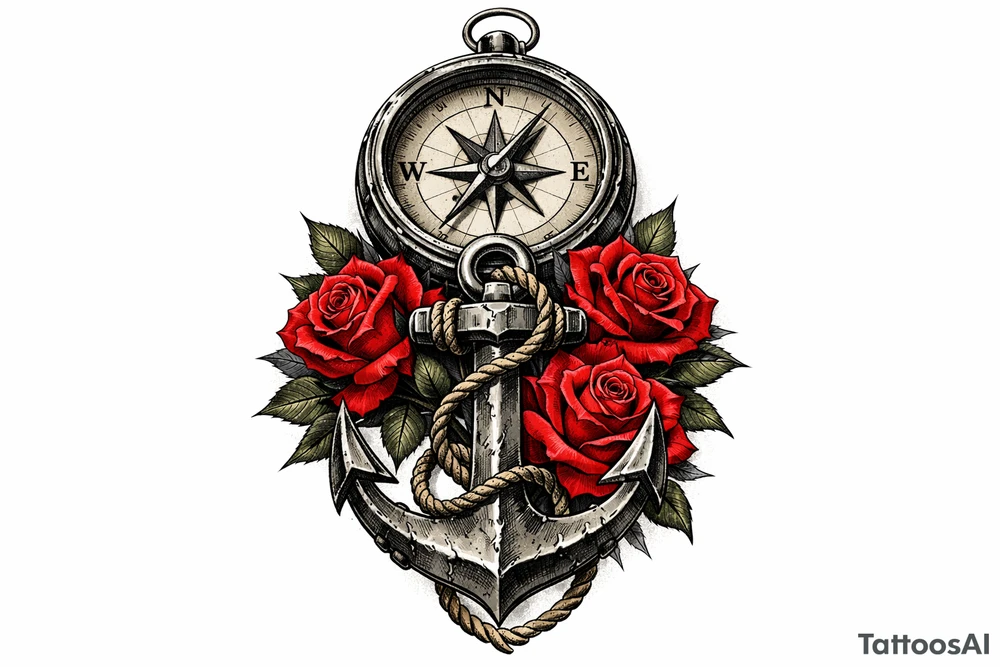 a compass under it an anchor and roses. tattoo idea