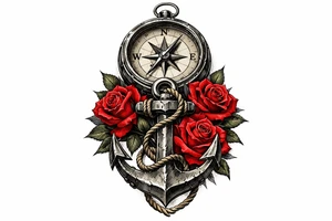 a compass under it an anchor and roses. tattoo idea