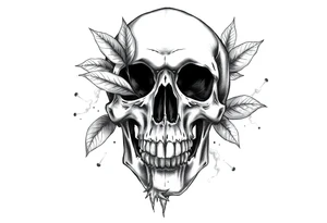 A skull seen from the front with leaves passing through it, smoke, and an effect on the skull as if it were crumbling. tattoo idea