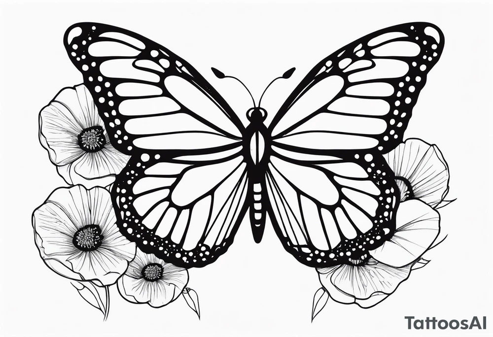 reate a black and white fine line tattoo of a monarch butterfly, ensuring that poppy flowers are only inside the top halves of the wings, clearly contained within the wing outlines, with a minimalistic style and intricate details, while the bottom halves of the wings are simple and unadorned tattoo idea