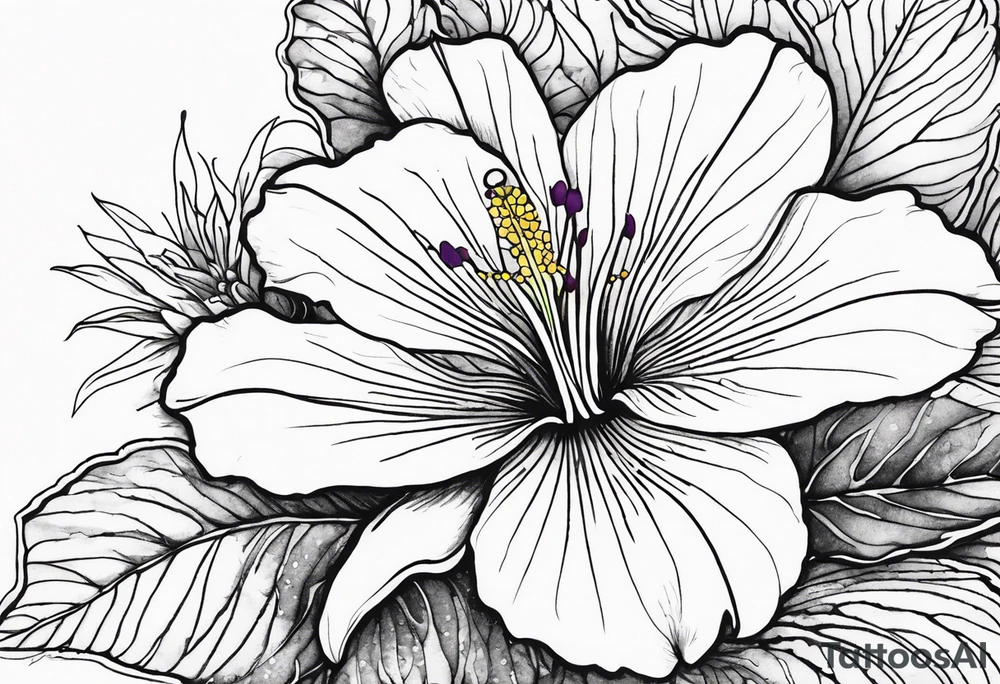 An outline of a rio dipladenia flower with a green and purple watercolor splash in the background tattoo idea