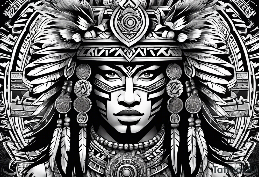 Aztec warrior full body with aztec symbols in the back ground and a tiger pelt on the warriors head tattoo idea