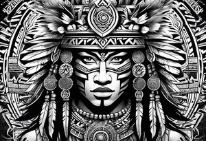 Aztec warrior full body with aztec symbols in the back ground and a tiger pelt on the warriors head tattoo idea