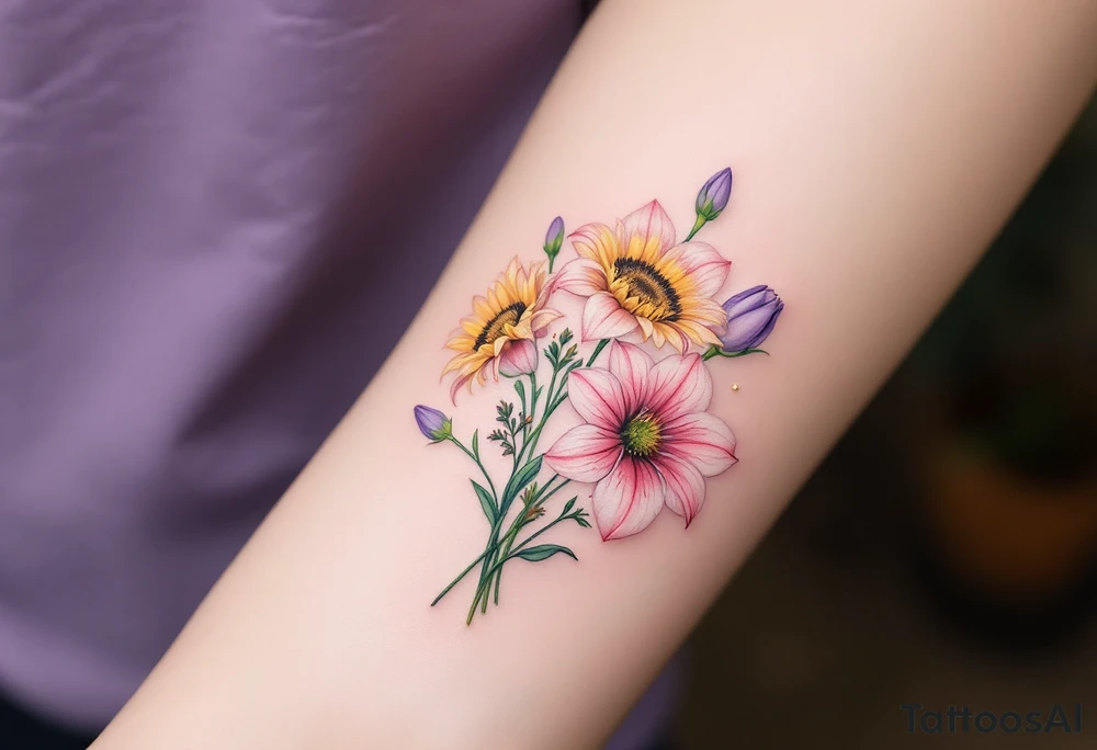 Small Stargazer lillies pale pink with no outline 
with small yellow sunflowers and pale purple tulip buds in a dainty wildflower bouquet with light green stems tattoo idea