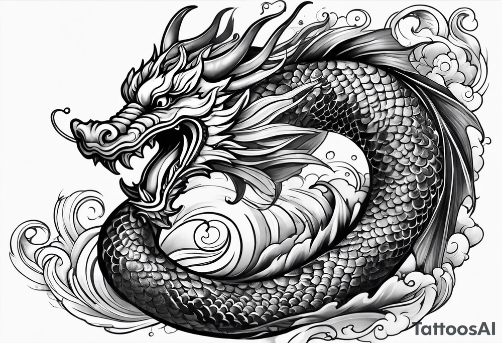 Asian Māori dragon, koi, water, black, shoulder tattoo idea