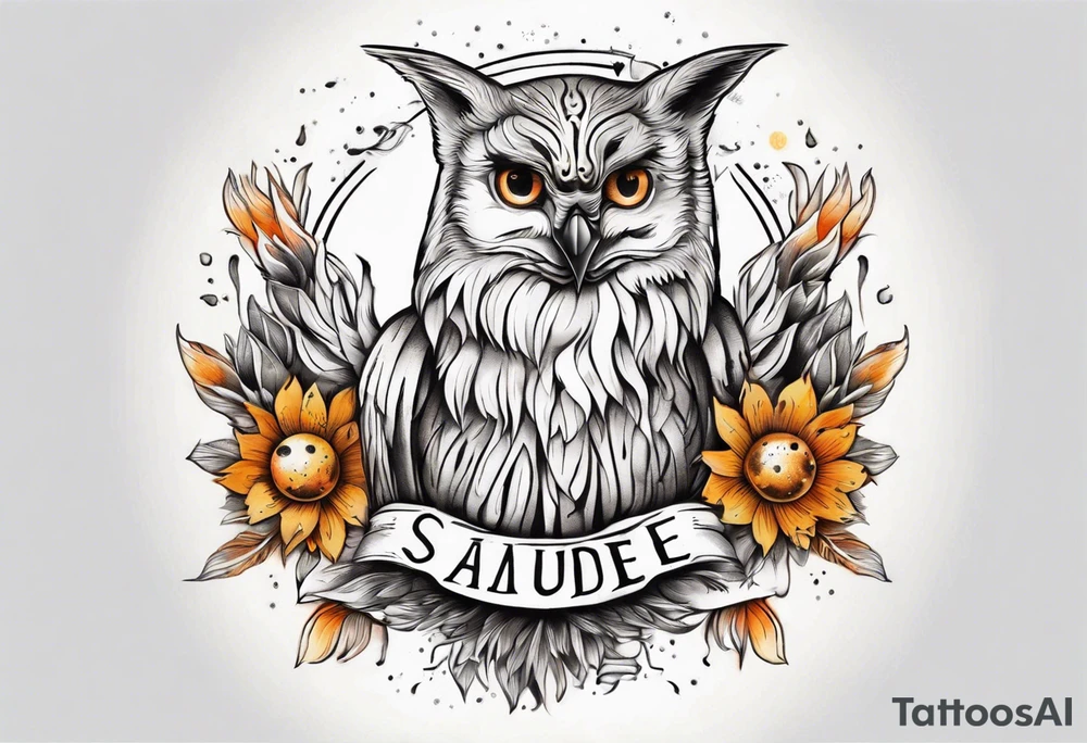 halb 
Fuchs halb Eule unter der Sonne mit dem Schriftzug Sapere Aude tattoo idea