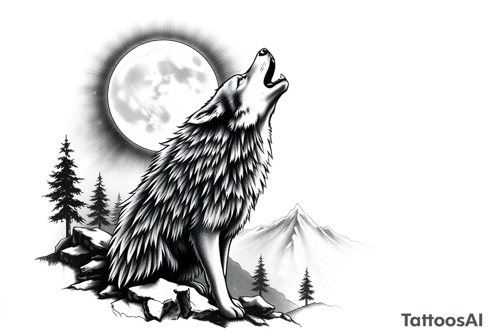 lone wolf howling at full moon with northern lights backdrop tattoo idea