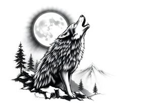 lone wolf howling at full moon with northern lights backdrop tattoo idea