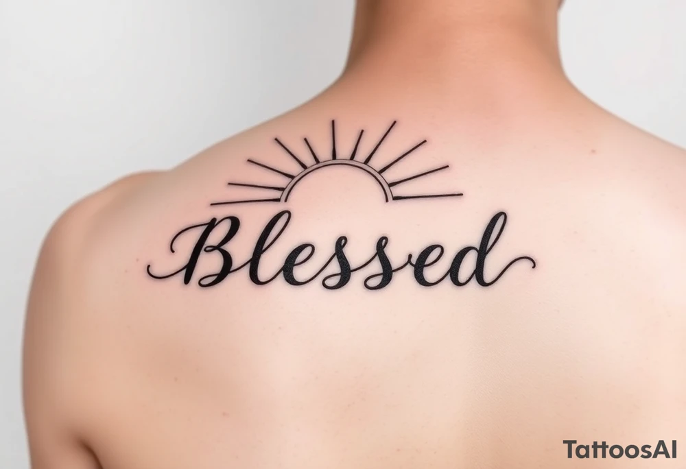 a forearm tattoo with the word blessed having rays of sunshine behind it tattoo idea