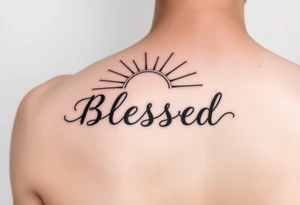 a forearm tattoo with the word blessed having rays of sunshine behind it tattoo idea
