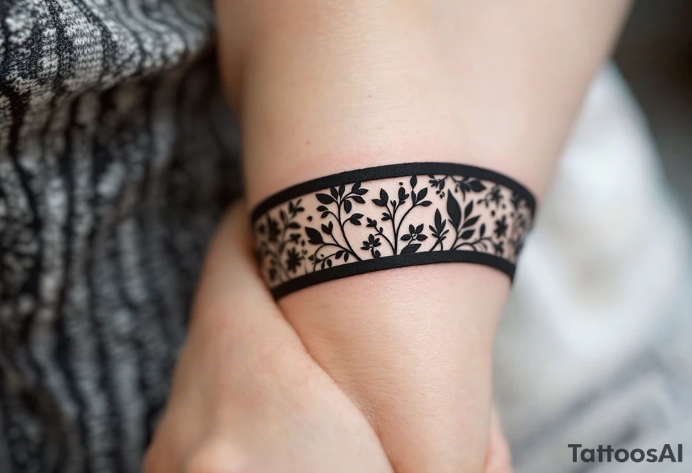 A bold black stripe running along the forearm, featuring geometric cutouts that reveal intricate floral and vine patterns underneath. The contrast between solid black and negative space creates a modern, abstract effect, symbolizing strength and hidden depth. tattoo idea