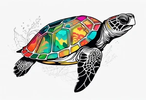 tropical psychedelic turtle, aerial view tattoo idea