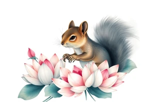Fierce squirrel emerging blooming lotus flowers in mist tattoo idea