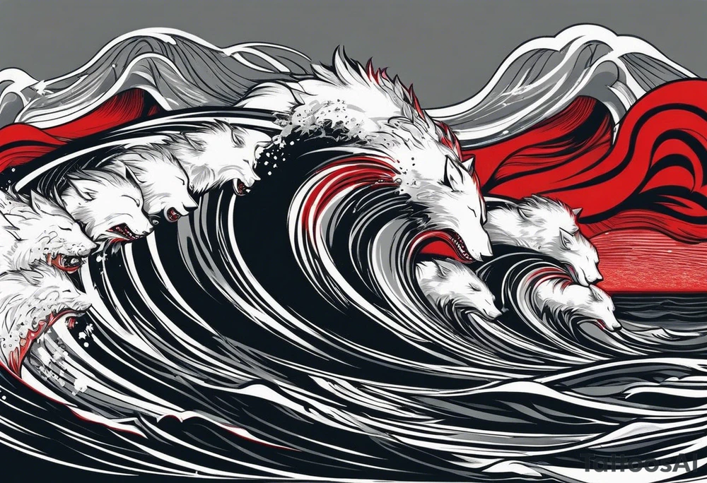 a pack of 3 howling muscular  gray wolves surfing waves with a linear background with red, white and black and gray including the word Howler in an aggressive script font tattoo idea