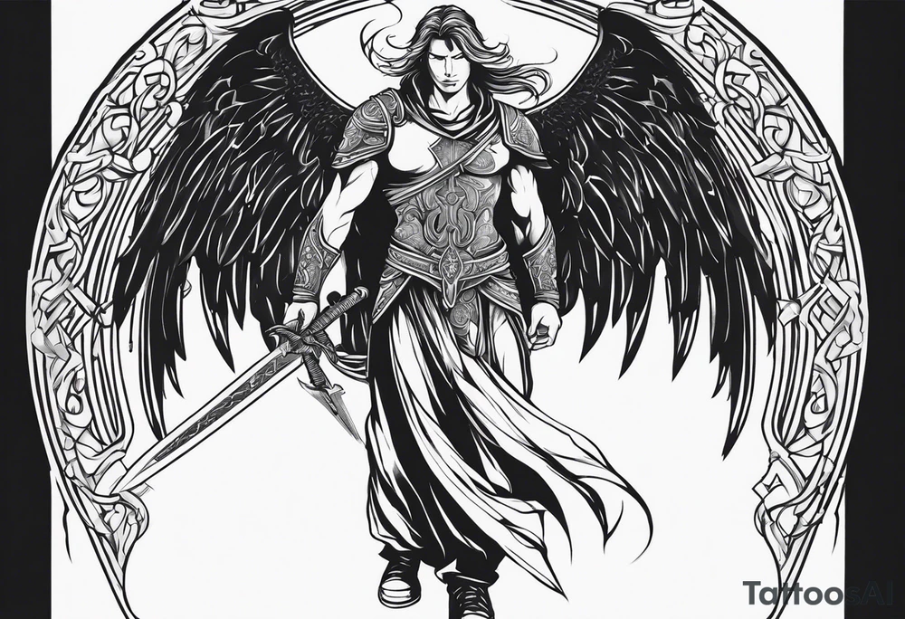 Arch angel hood fighting sword male full body heavenly tattoo idea
