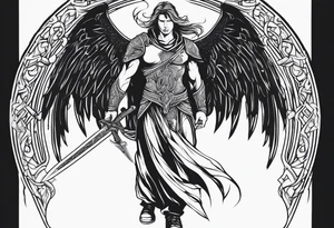 Arch angel hood fighting sword male full body heavenly tattoo idea