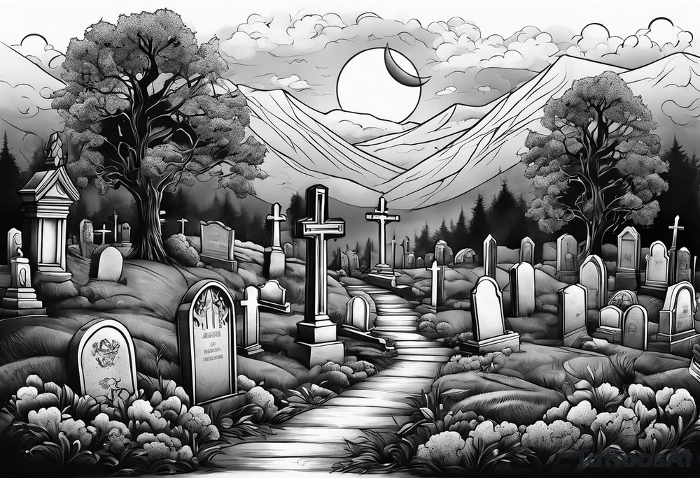 Cemetery on hills with smoke and moon tattoo idea