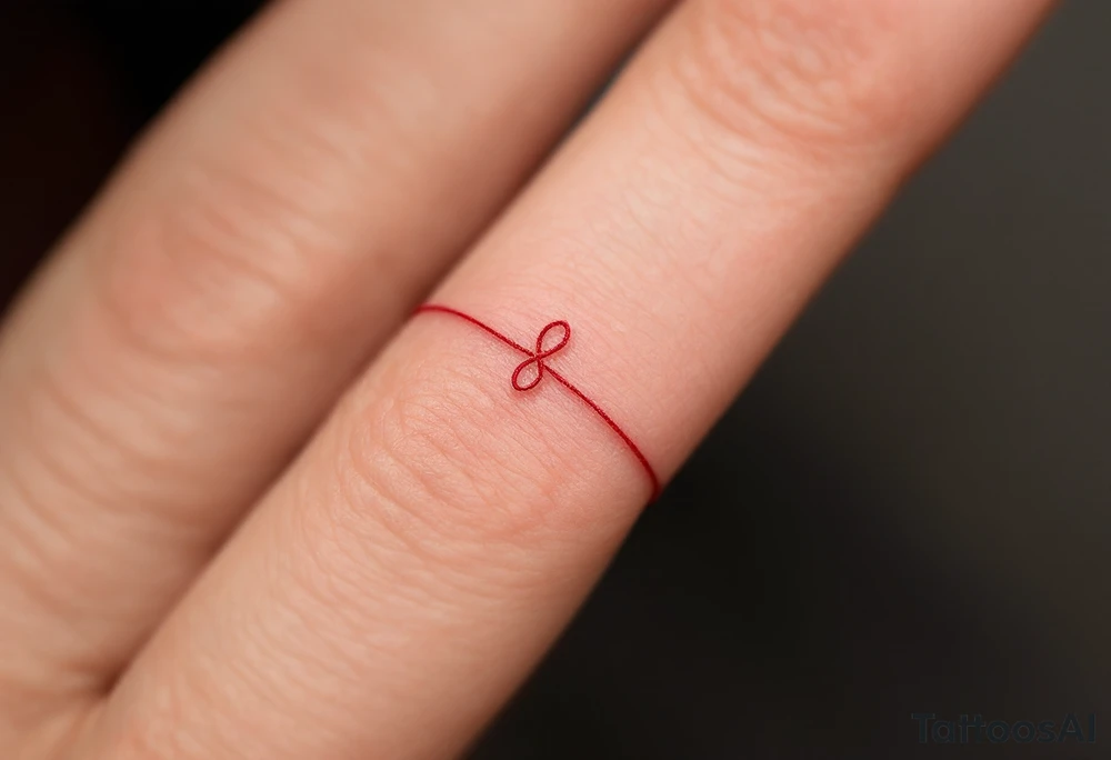 A tiny, delicate red band looped around the finger tattoo idea