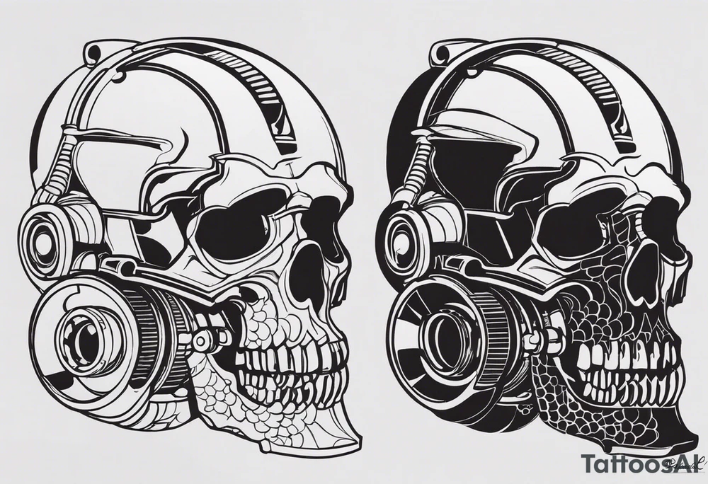 Powerful skull powered by an engine, in this appears a piston and a turbo, also the dseign must be vertical. Also, the desing must be minimalistic not saturated. Remember the vertical design as this will go in my calf tattoo idea
