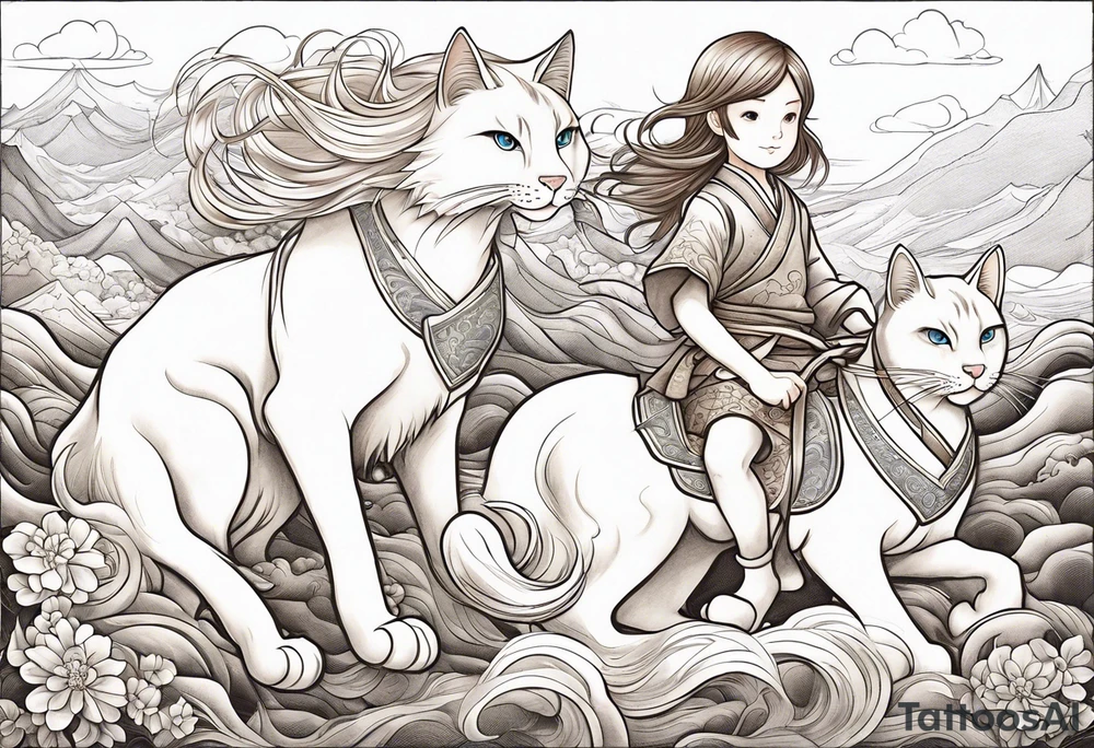 a thin blond boy with long hair and blue eyes of about 10 years old accompanied by two six-year-old twins, one a little chubby, with brown hair down to her shoulders, the three of them riding on a giant white cat tattoo idea