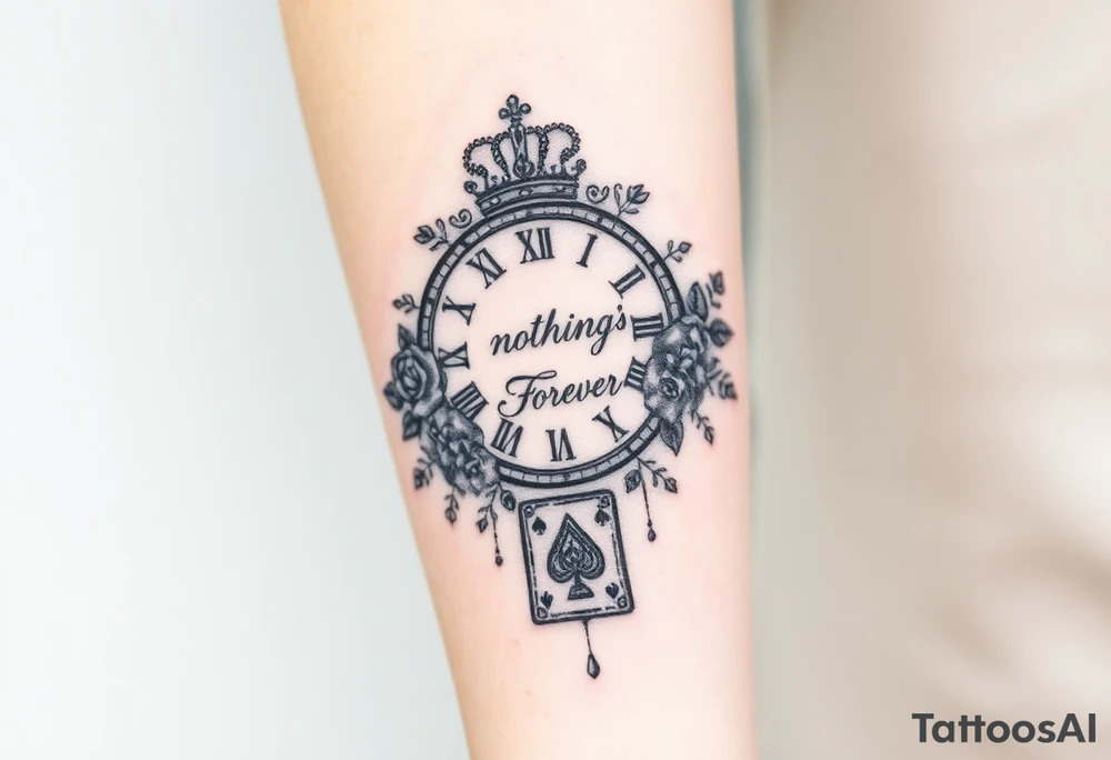 Roman clock with roses and a crown, a quote that says nothings forever. and on the bottom a deck of cards tattoo idea