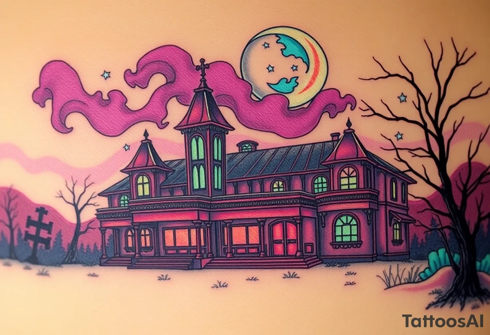 Tim Burton’s haunted casino is abandoned and dripping with muted reds, dusty pinks, and eerie green glow.purple and cyan smokey clouds swirl in the crescent moonlit sky thats sprinkled with stars tattoo idea tattoo idea