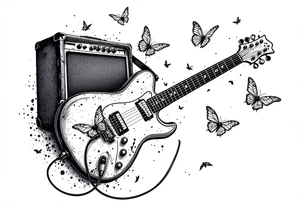 An electric guitar plugged into an amp with 5 butterflies flying around it tattoo idea